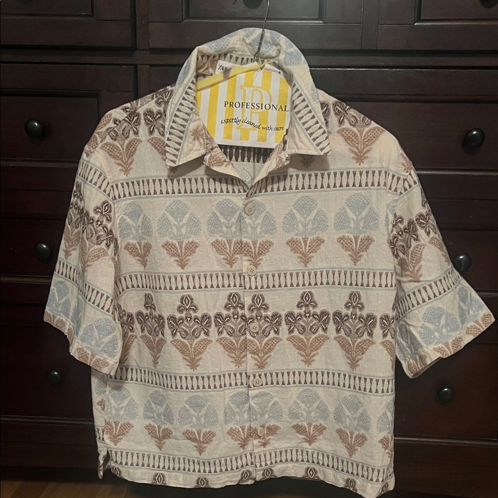 Zara Men's Casual Shirt - Cream, Brown, and Blue